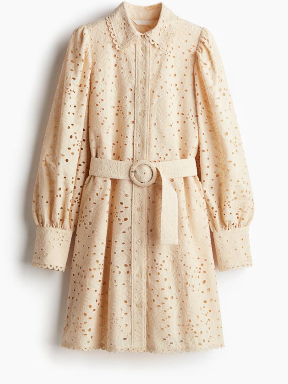 H&M Embroidered Blush Pink Eyelet Belted Shirt Dress Size L